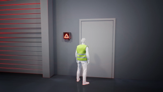Linde Safety Guard avertizează pietonii care doresc să iasă pe ușă cu privire la stivuitoarele care trec și previne astfel coliziunile. Animație despre pericolele care apar la ieșirea pietonilor pe ușă