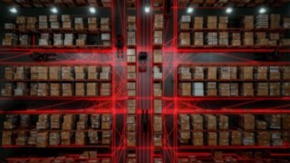 Vedere dintr-un depozit cu stivuitoare automatizate